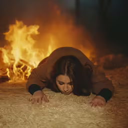 a woman crawling in hay next to a fire