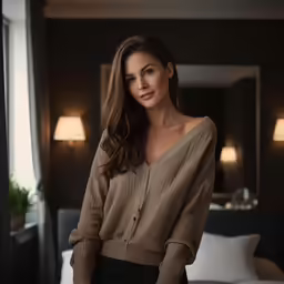 a woman posing for a photo in front of the bed