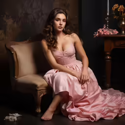 a woman in pink dress sitting on an antique chair