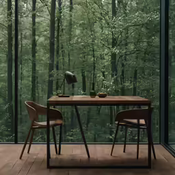 a wooden table with two chairs and a lamp on it next to a glass wall