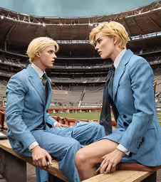 two statues of two men sit next to each other on a bench in an arena,two mannequin sitting on wooden benches at an empty stadium