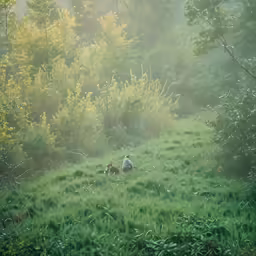 two people with dogs in the fogy forest