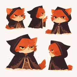four pictures of a red cat dressed in black