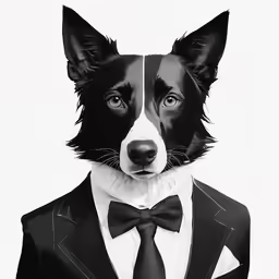 an artistic portrait of a dog in a tuxedo