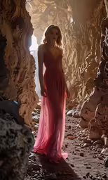 a woman in a red gown is standing between two large rocks