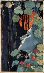 a painting of a woman surrounded by trees