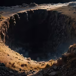 a large hole in the ground surrounded by grass
