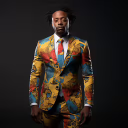 man in brightly colored suit posing for photo,a man with dreadlocks in a multicolored suit