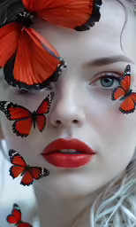 woman with orange butterflies painted on her face and eyes