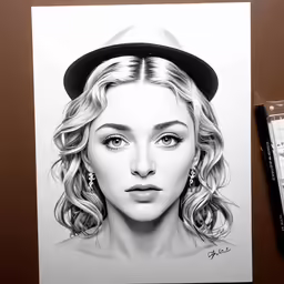 a drawing of a woman in a hat on paper next to a pen and ruler