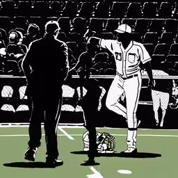 two baseball players watching another player in uniform,a man stands in front of a baseball game