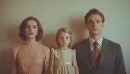 a young girl stands between two older adults