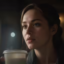 a woman looks up while holding a cup