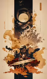 a poster with a man holding an object in his hand