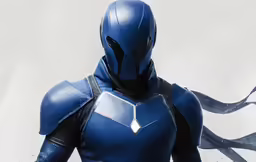 a blue suit is featured in an animated pose