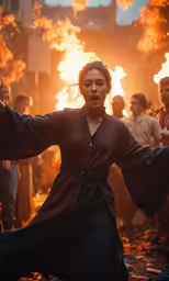a woman holding onto fire in the middle of a street