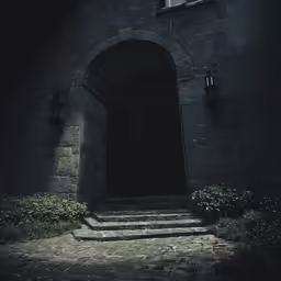 a black and white photo of an entrance to a dark building