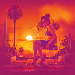 a woman is sitting down in an orange and purple picture,a woman sitting on a chair on top of a beach
