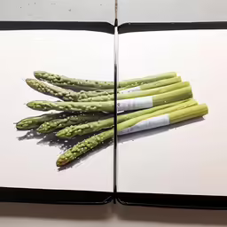 a couple of green asparagus on a white page