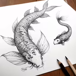 a drawing with an image of a fish and a komoon
