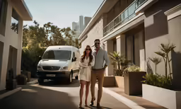 a young couple is walking down the street past a van