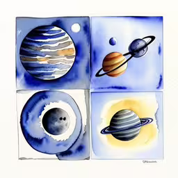 three different planets in four different colors,four watercolor paintings of different planets