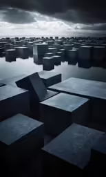 a group of black blocks sit in water