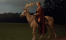 the lady is riding the horse with a horned deer