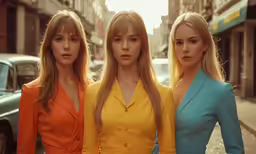 three woman are standing near a street