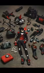 the contents of a robot suit, toys and gear are arranged on a gray floor