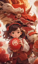 girl in brown jacket holding red ball with red dragon artwork