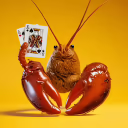 the large lobster is holding up a deck of cards and playing cards