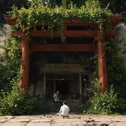 a woman sitting on the ground near a gate