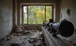 a rifle in an old military unit with broken walls