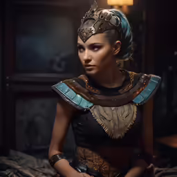 a woman in roman armor, dressed for ancient times