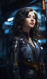 a beautiful woman holding a gun in a scene