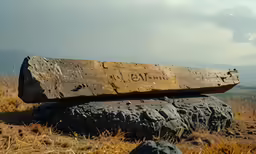 an old wooden bench with graffiti is sitting on the edge of a field