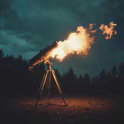 a telescope in the field illuminated by bright fire
