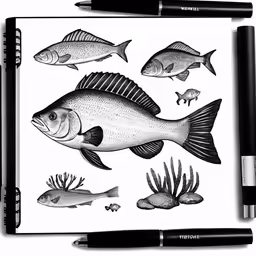 pencil drawing of some different fish in the water