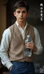 a man standing in front of a window holding a mason jar