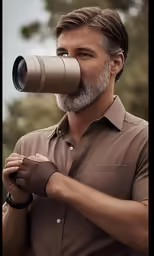 man looking into binoculars on top of his head