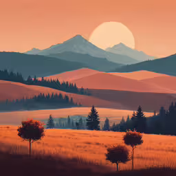 sunset over a valley with mountain range in the distance,two trees stand in a field with the mountains of the background