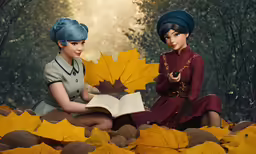 two women are sitting on leaves with a book