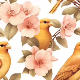 a flock of birds are next to flowers