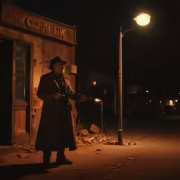 a man holding a gun on a street corner