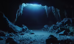the inside of a cave with light shining into it