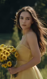 a woman wearing a yellow dress and holding a bouquet of flowers