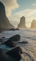 two rocks sitting in the middle of a beach