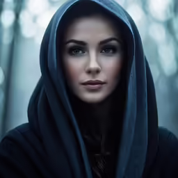 a woman with blue eyes standing in the woods