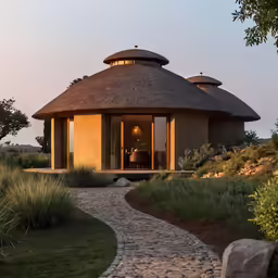 a pathway that leads to a round building with a patio